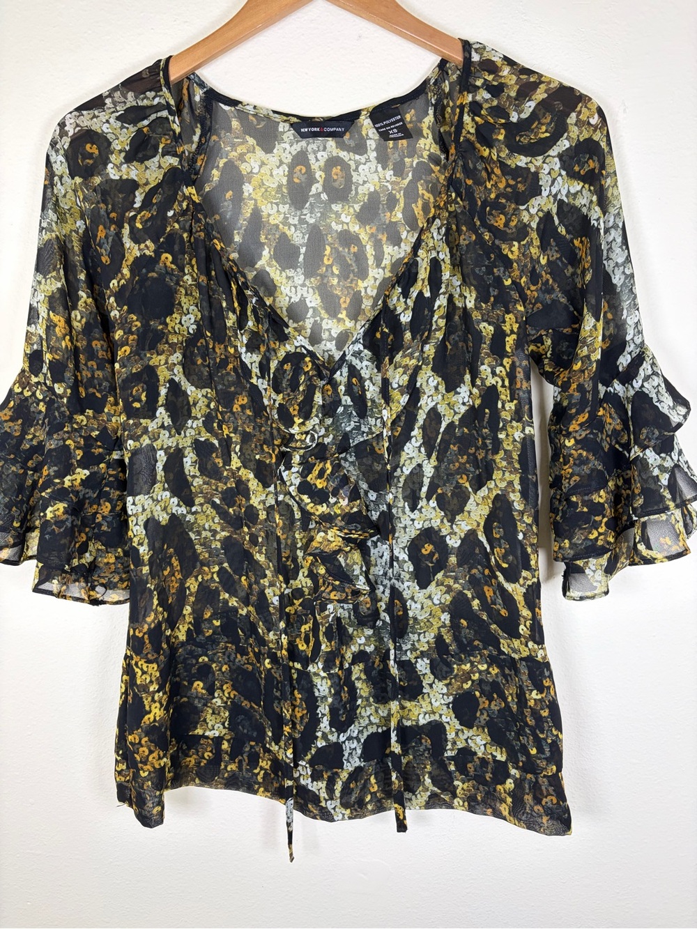 New York & Company XS Animal Print Ruffle Blouse Sheer Bell Sleeve Top